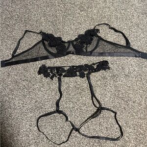 Sheer Black Floral Lace Underwire Bra with Matching Garter